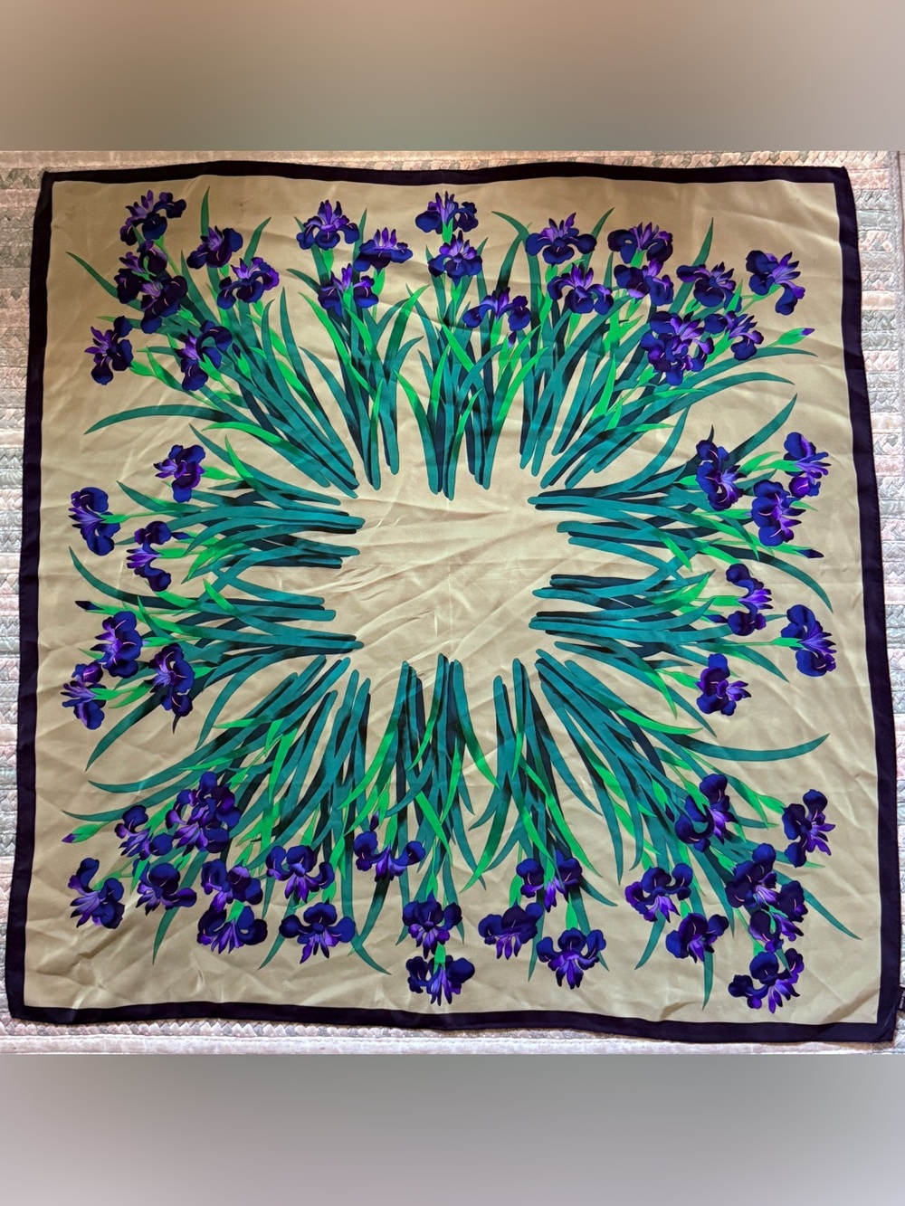 Metropolitan Museum of Art Iris 100% Silk Scarf 34” x 34” Purple Green Floral